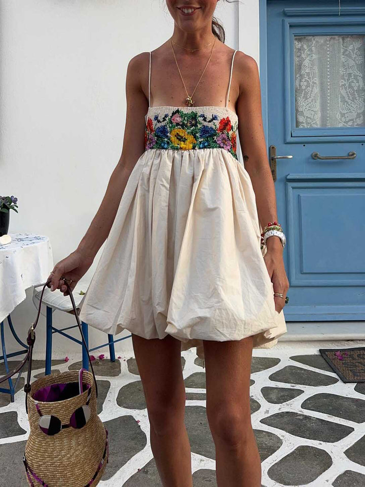 Exquisite Printed Suspender Lantern Mini Dress