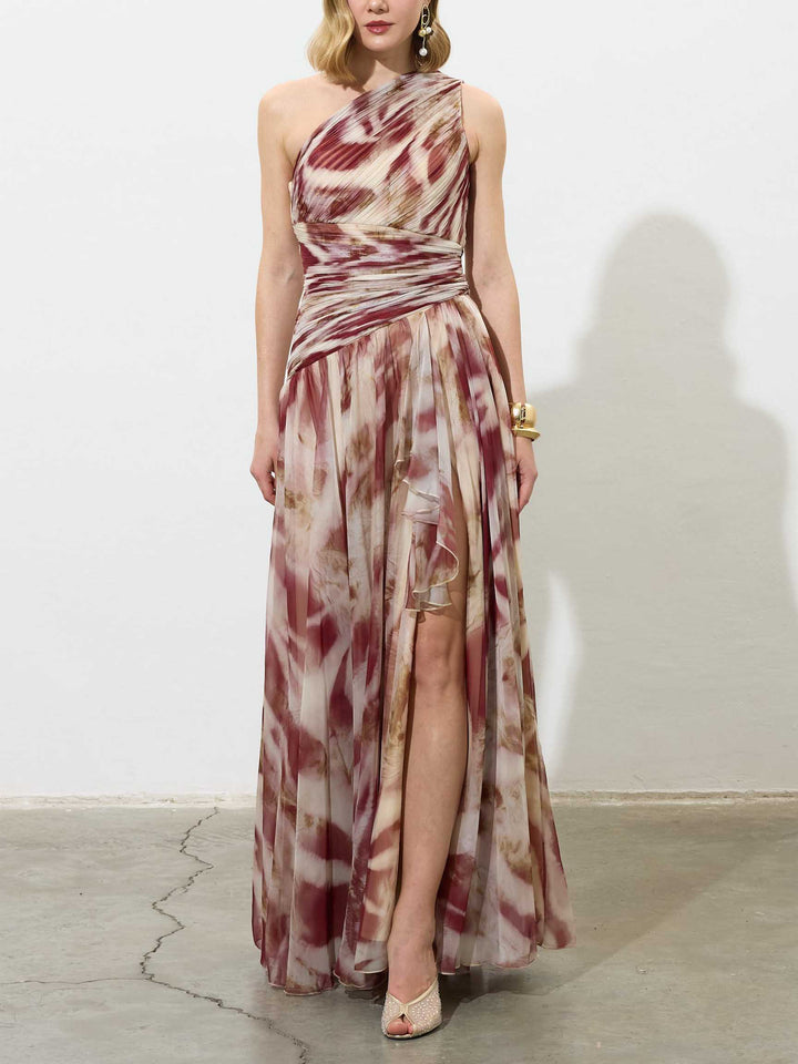 Elegant One-Shoulder Marble Print Chiffon Maxi Dress