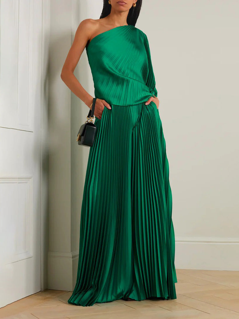 Elegant One-Shoulder Asymmetrical Pleated Satin Top