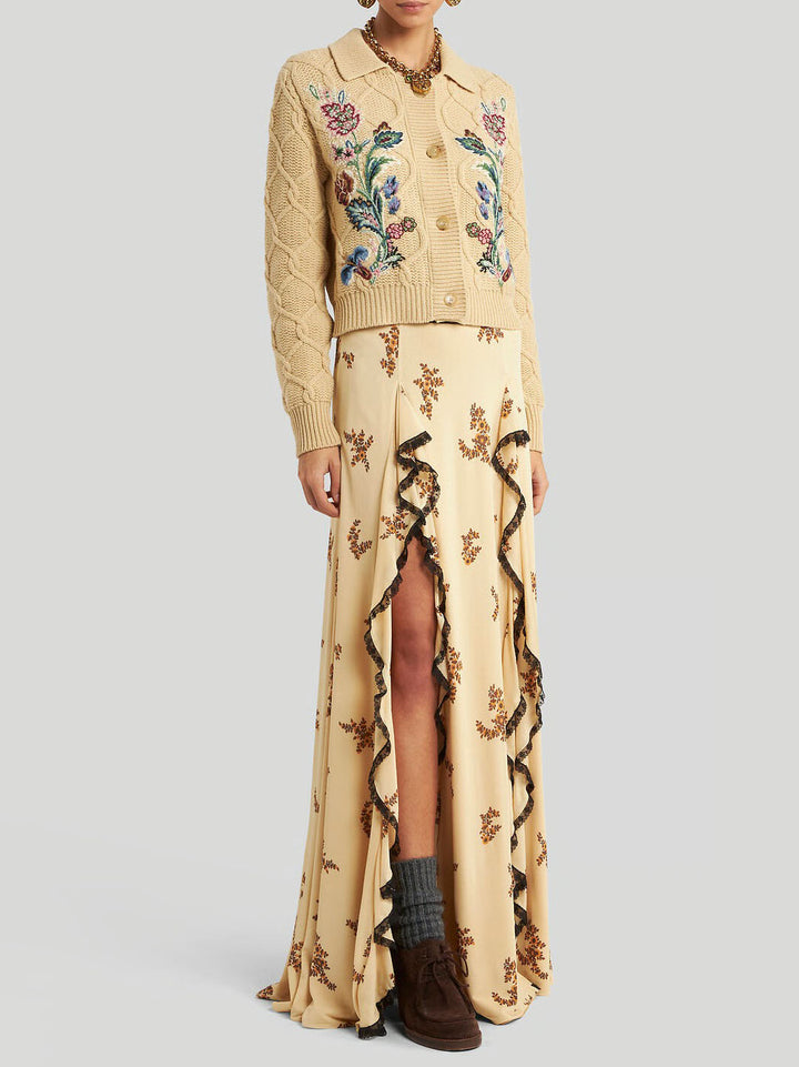 Exquisite Floral Print Pleated Lace Panel Skirt
