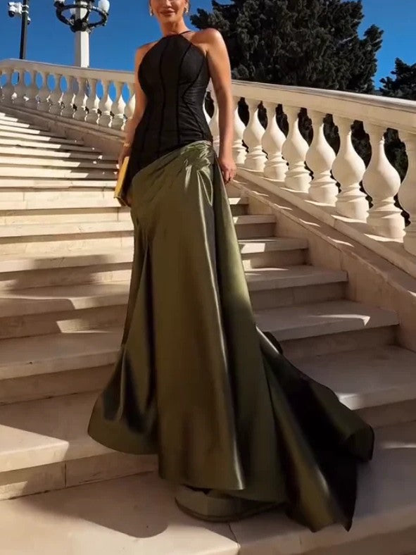 Elegant Halter Neck Contrast Corset Satin Maxi Dress