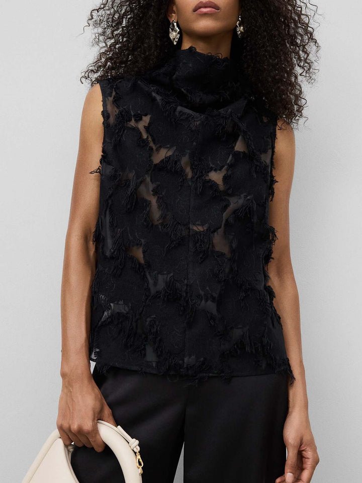 Elegant Textured Fringe High-Neck Sleeveless Top