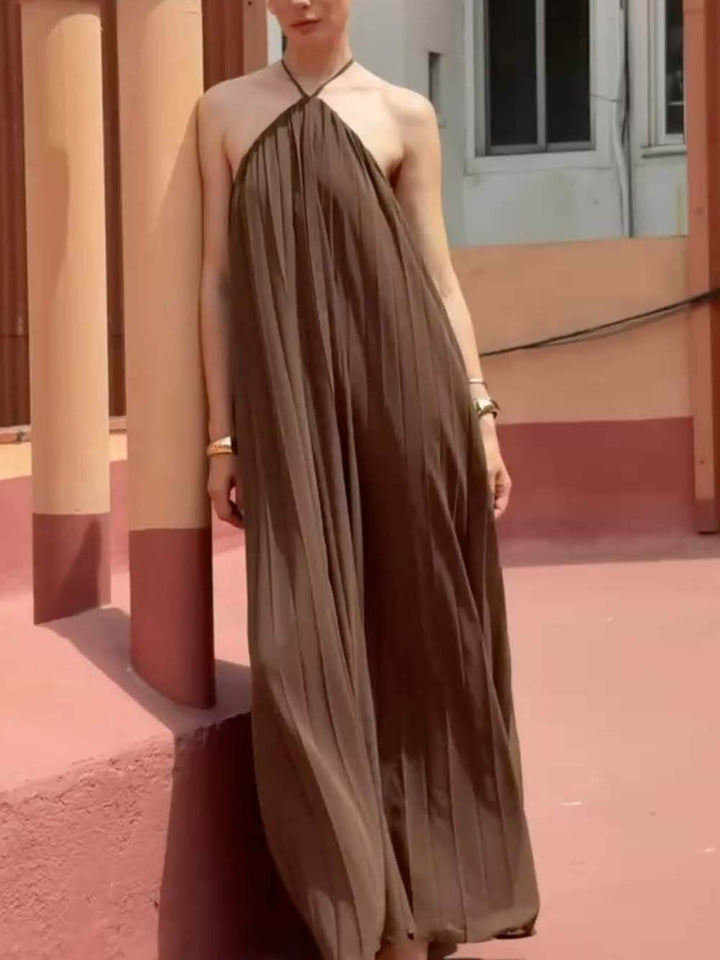 Retro Halter Tie Pleated Backless Maxi Dress