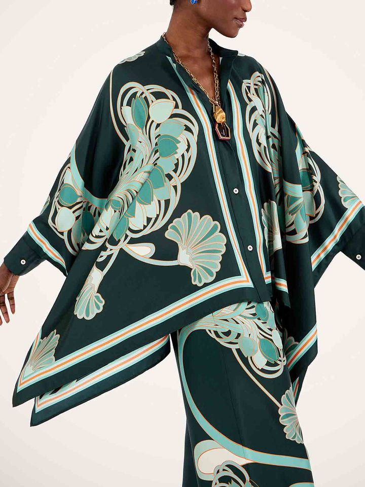 Elegant Abstract Print Satin Cape Sleeve Shirt