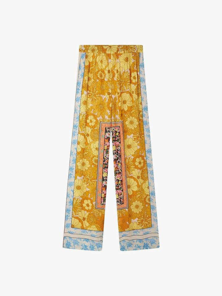 Unique Satin Floral Print Elastic-Waist Straight Pants