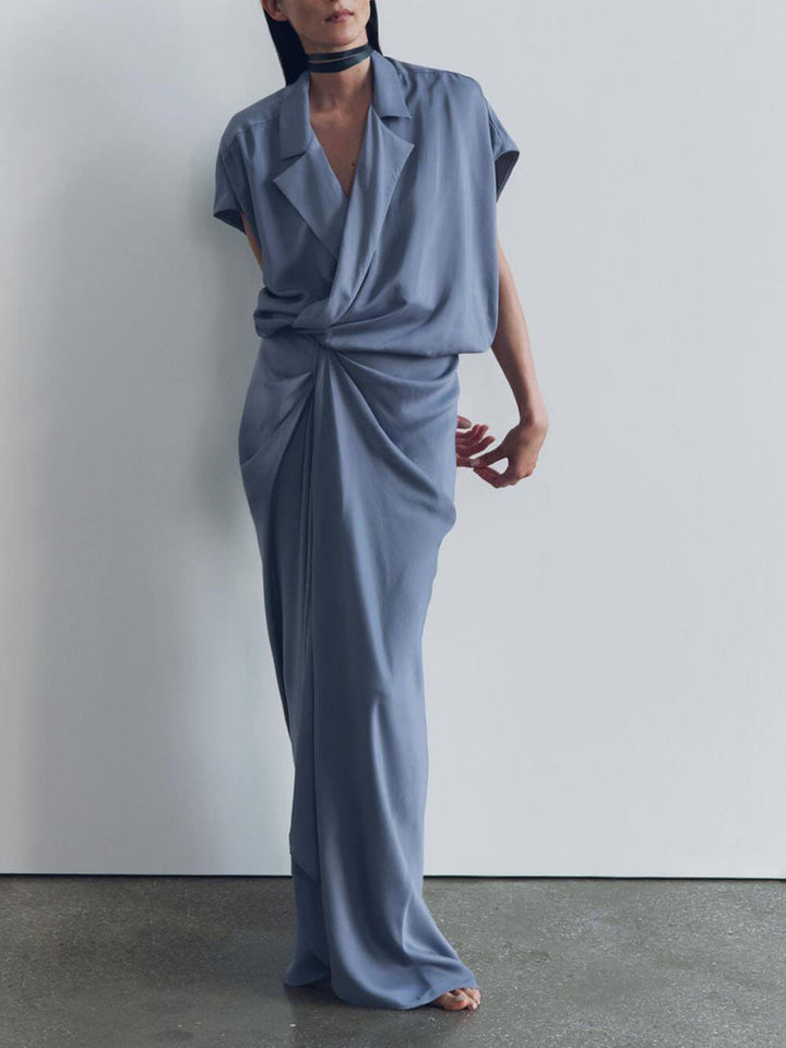 Pleated V-Neck Satin Wrap Maxi Dress