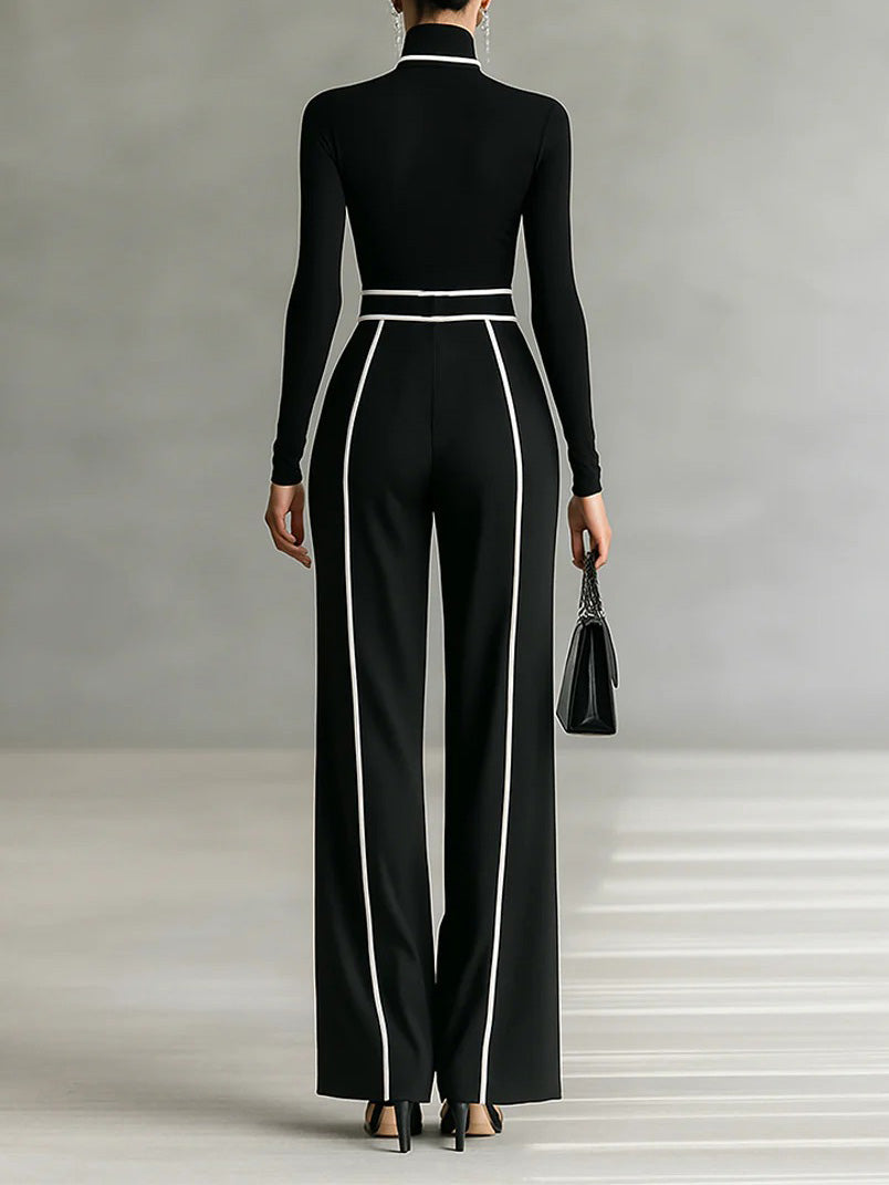 Elegant Contrast Trim High Waist Wide Leg Pants