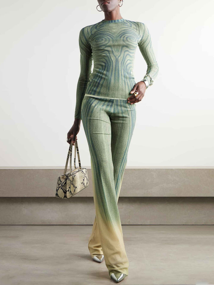 Artistic Abstract Print Sheer Knit Long-Sleeve Top