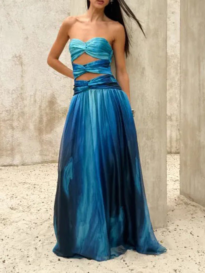 Elegant Strapless Cutout Gradient Maxi Dress