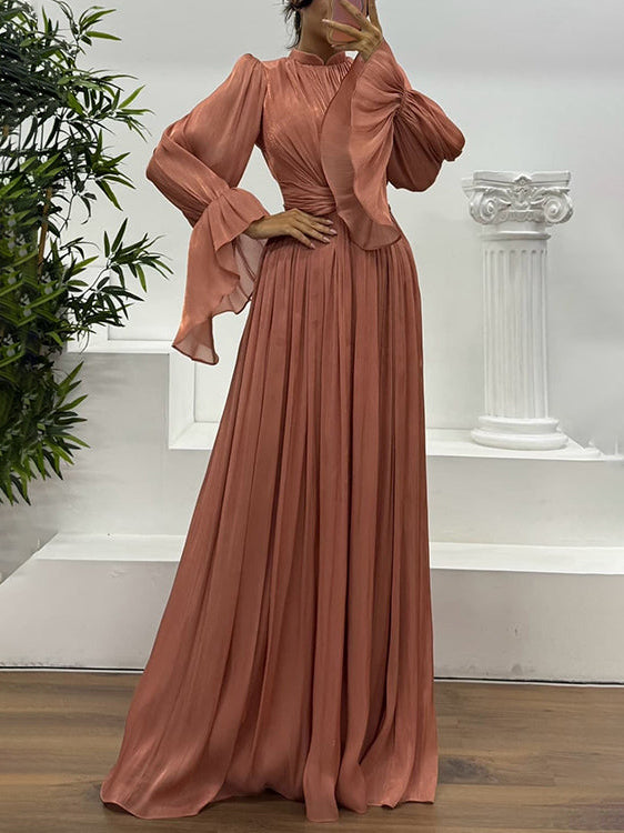 Elegant Pleated Flowy Long-Sleived Maxi Dress