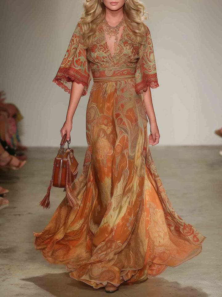 Elegant Retro Paisley Print V-Neck Maxi Dress