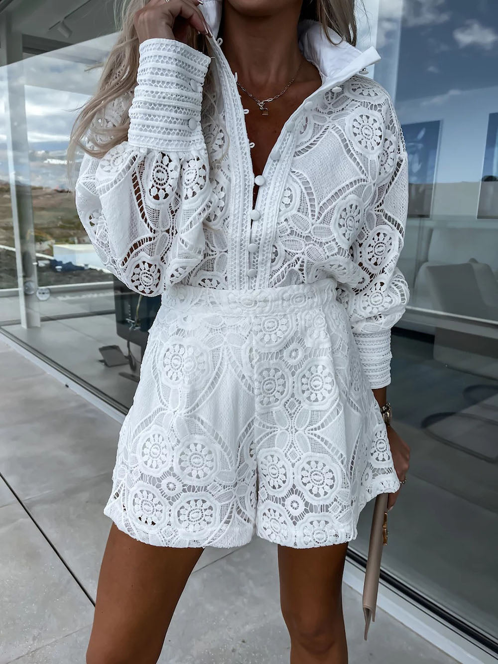 Casual Style Unique Single-Breasted Stand-Up Collar Lace Shorts Suit