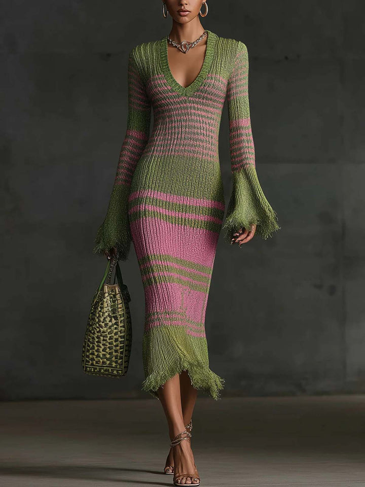 Retro Irregular Striped Tassel Knitted Midi Dress