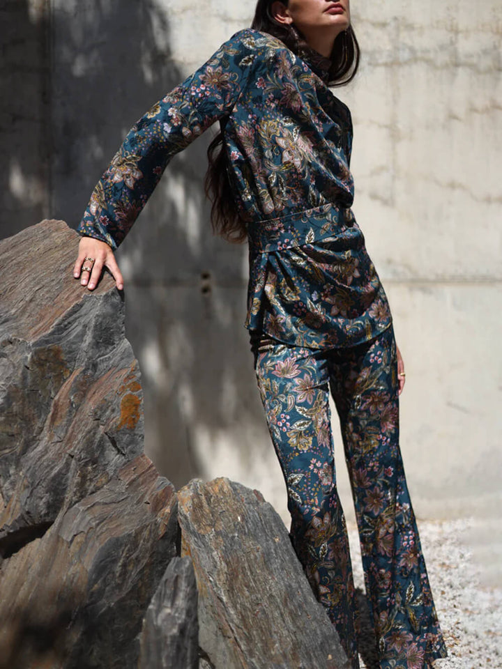 Retro Unique Floral Print Elastic Waist Pocket Pants