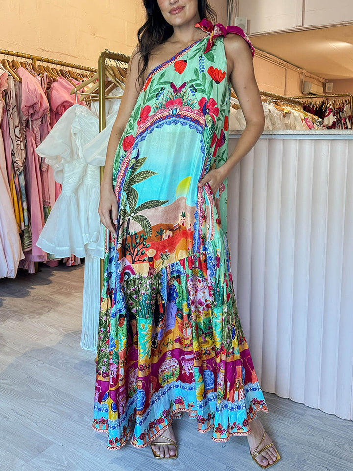 Unique Print One Shoulder Tie-up Pocketed Loose Maxi Dress