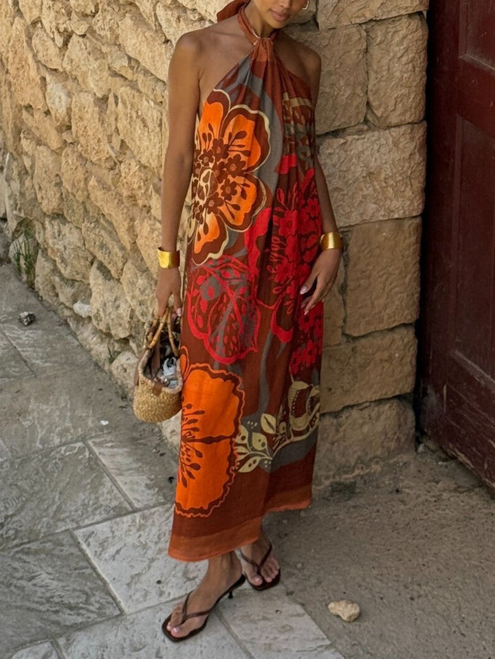 Retro Halterneck Art Caramel Floral Print Maxi Dress
