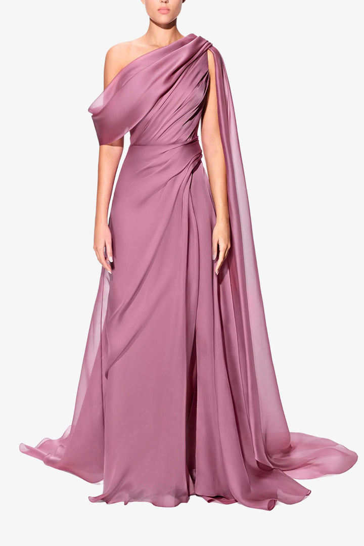 Elegant One-Shoulder Draped Organza Maxi Dress