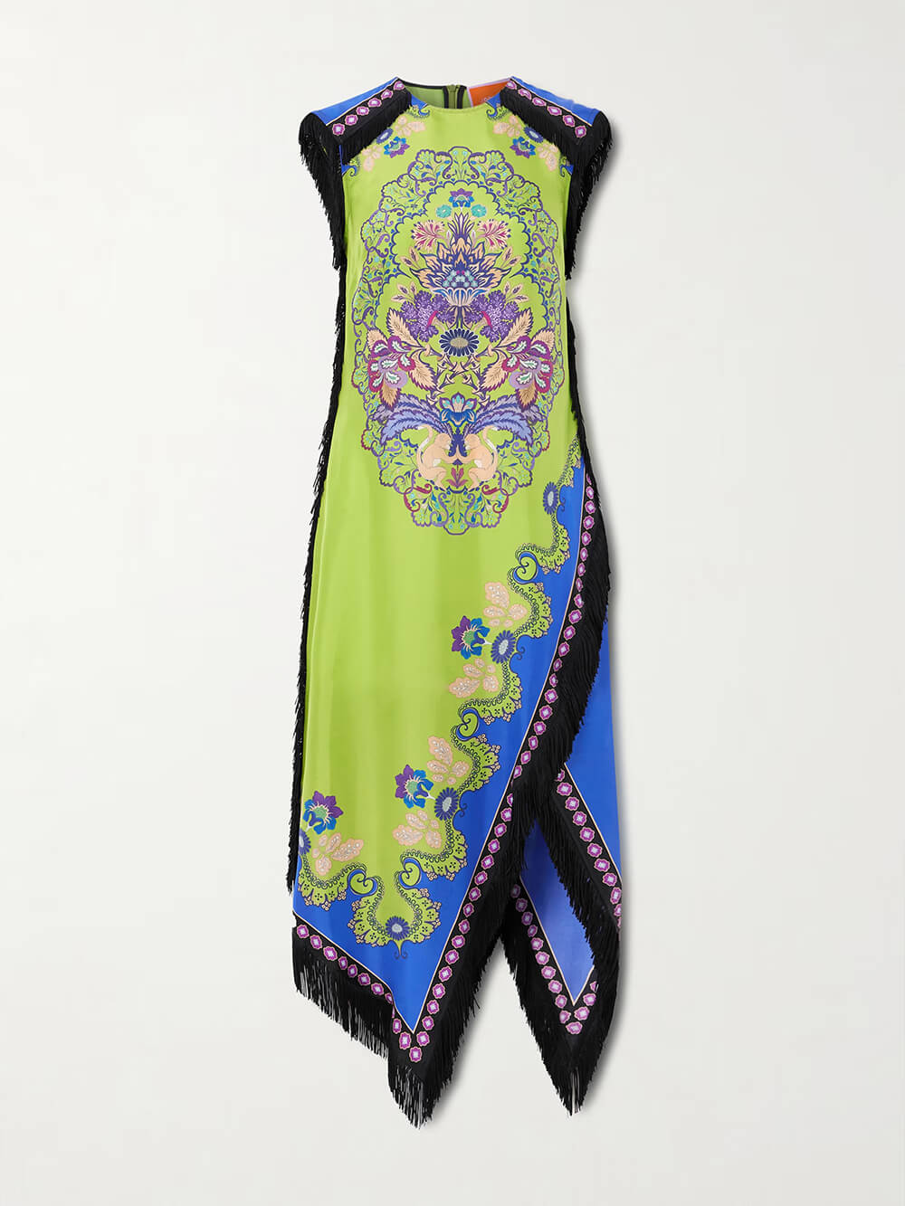 Exquisite Tassel Asymmetrical Print Satin Midi Dress