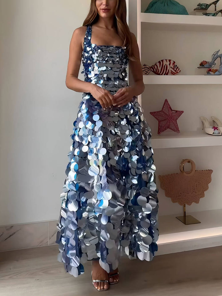 Exquisite Blue Sequin Square Neck Pocket Midi Dress