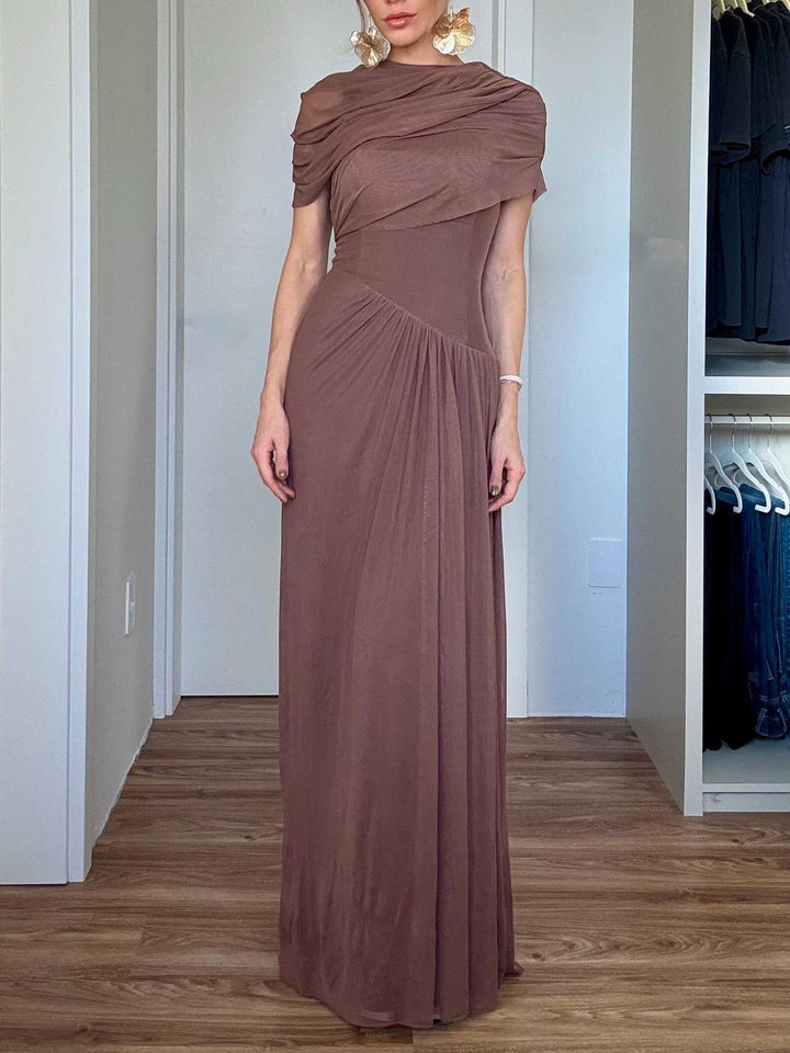 Elegant Asymmetrical Pleated Mesh Short-sleeved Maxi Dress