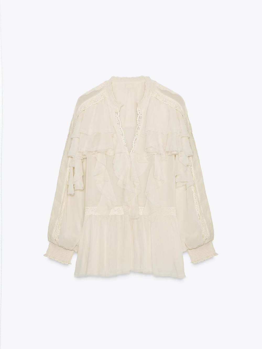 Boho Chiffon Lace Trim Ruffle Balloon Sleeve Blouse