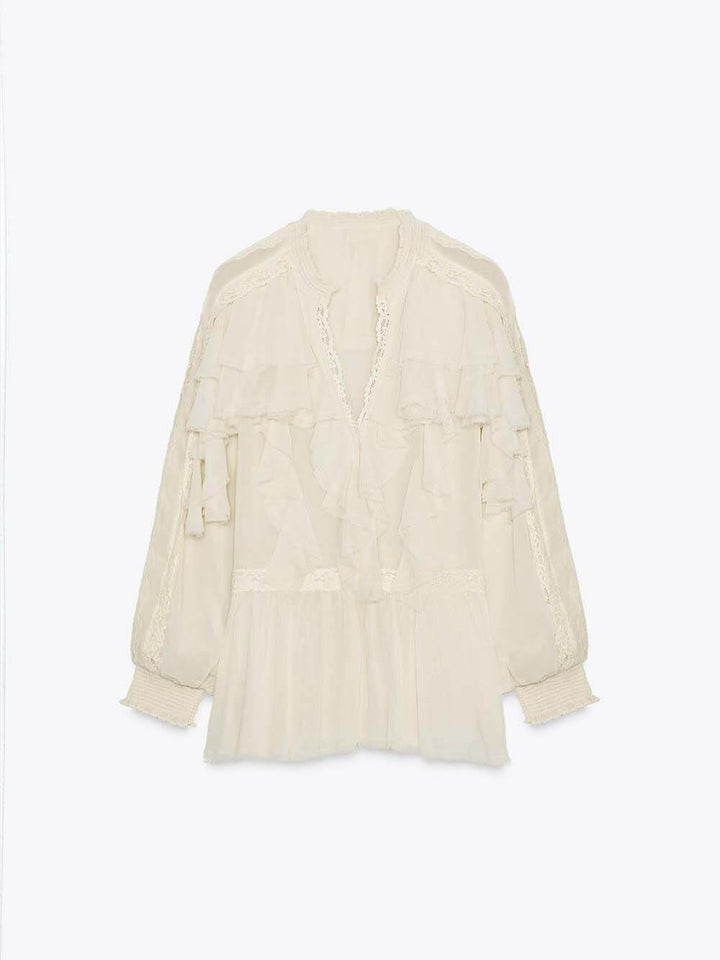 Boho Chiffon Lace Trim Ruffle Balloon Sleeve Blouse
