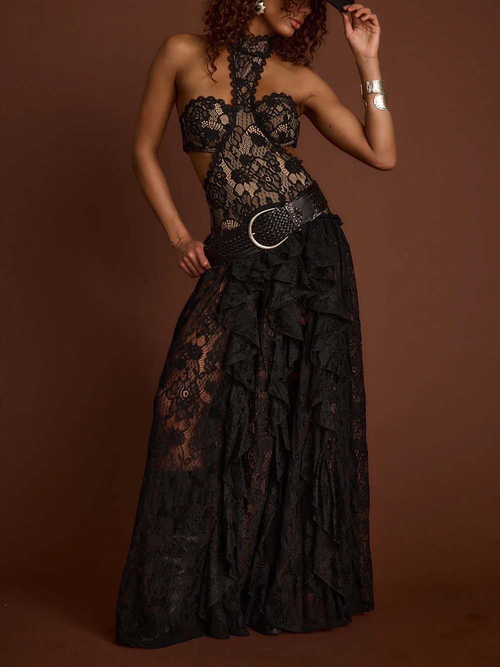 Delicate Lace High-Neck Cut-Out Ruffle Maxi Dress