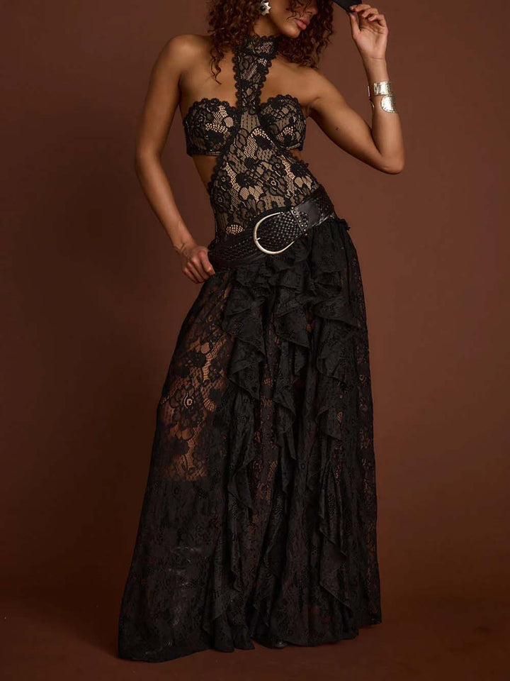Delicate Lace High-Neck Cut-Out Ruffle Maxi Dress