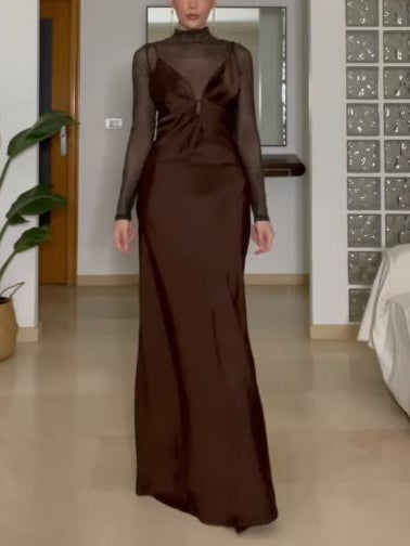 Elegant Sheer High-Neck Long-Sleeve Maxi Dress