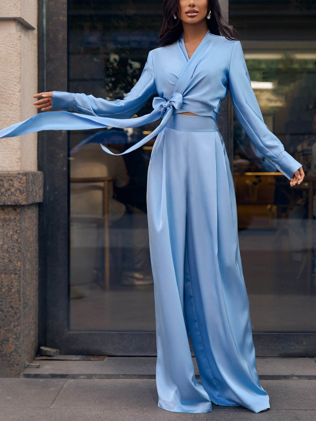 Elegant High-waisted Satin Wide-leg Pants