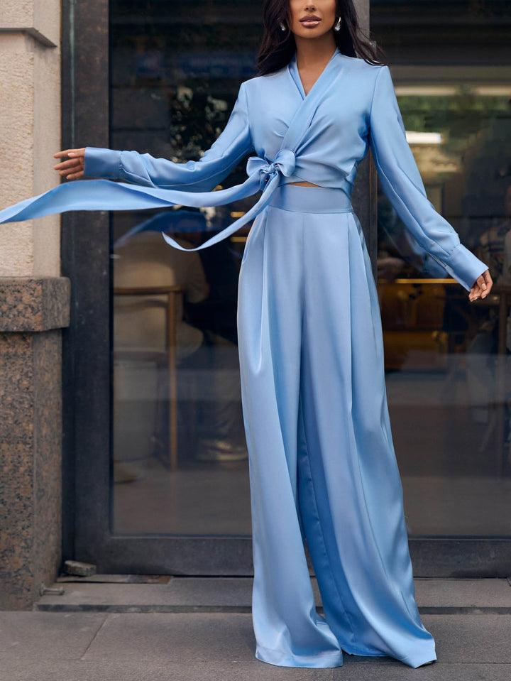 Elegant High-waisted Satin Wide-leg Pants