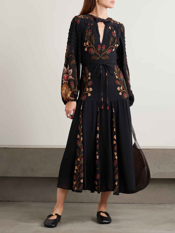 Elegant Berry Garden Tie Print Midi Dress