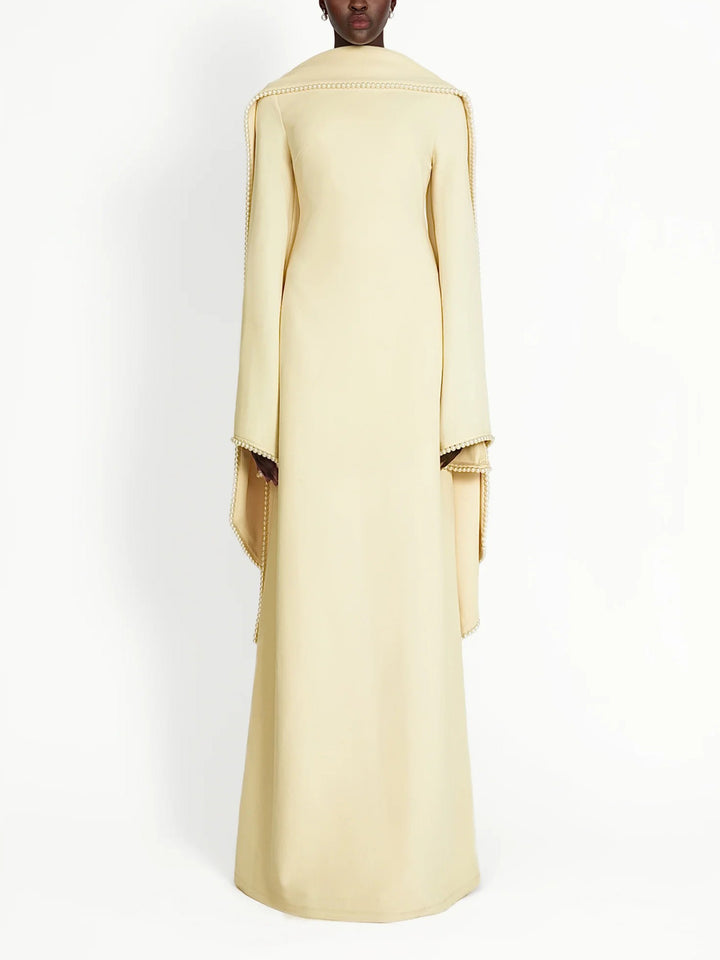 Elegant Pearl-Trimmed Cape Sleeve Maxi Dress
