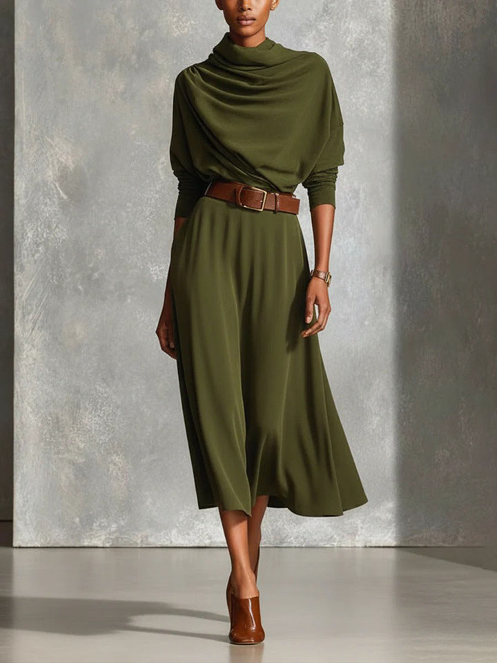 Elegant Draped Neck Knit Midi Dress