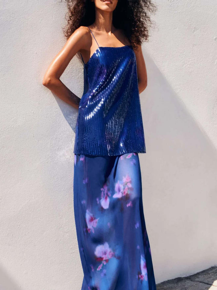 Elegant Sequined Spaghetti Strap Floral Print Maxi Dress