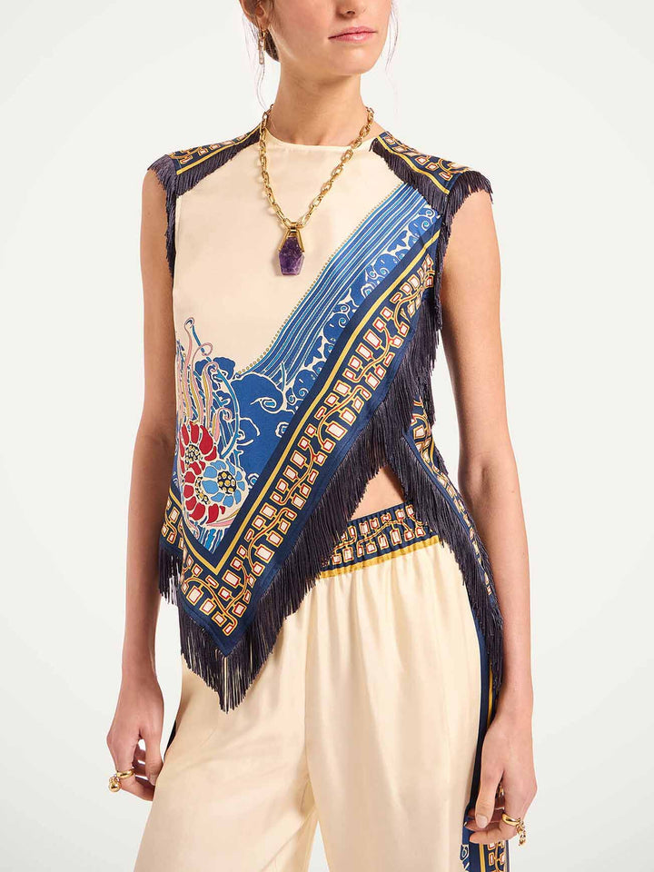 Elegant Bohemian Print Vest With Tassels Two-Piece Set