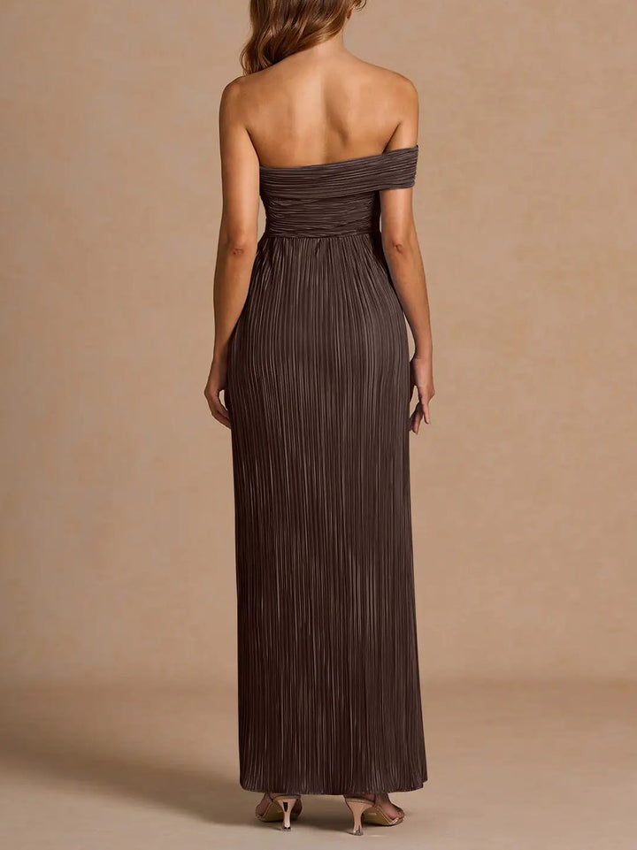 Elegant Off-The-Shoulder Pleated Slit Maxi Dress