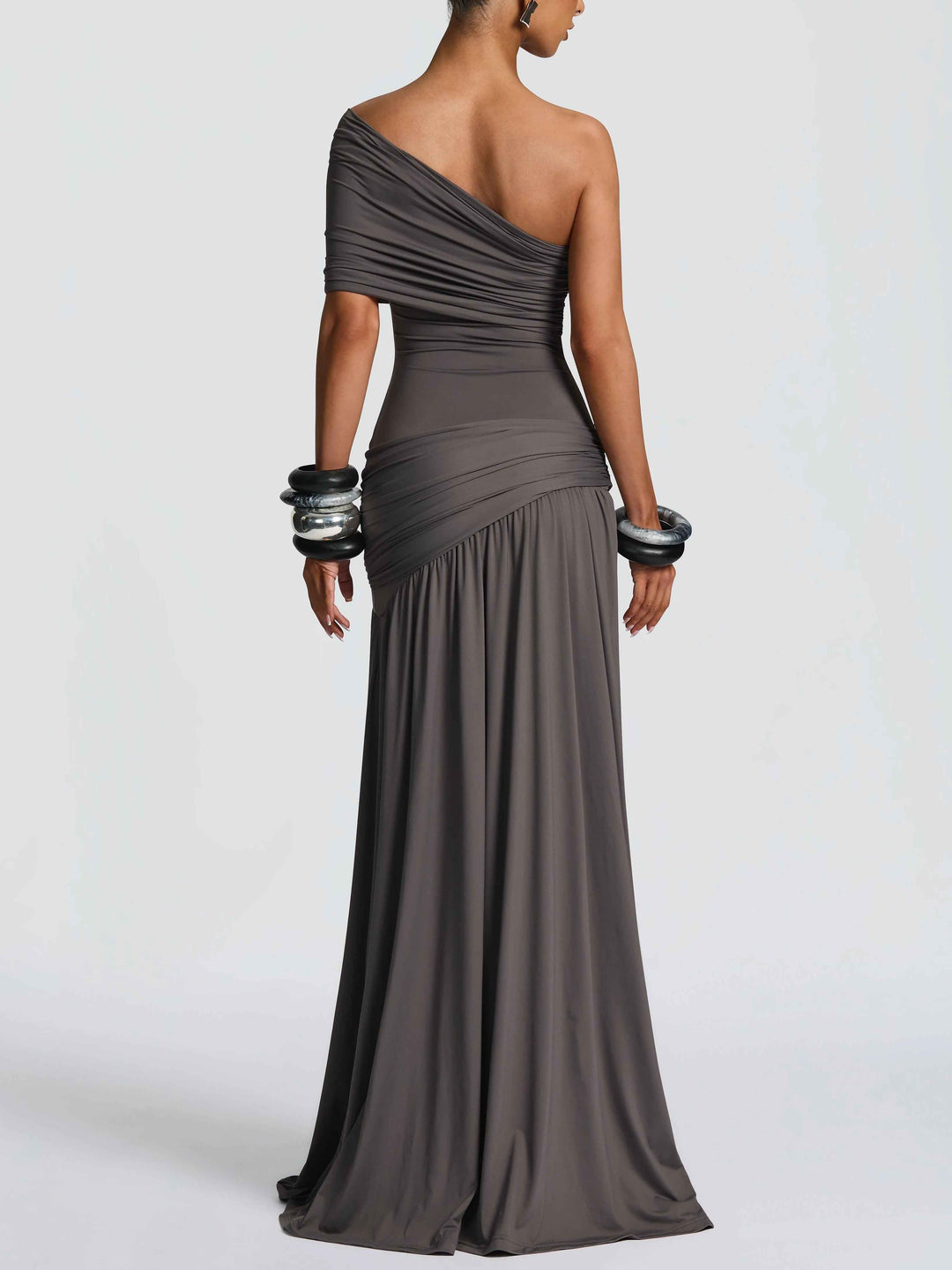 Elegant One-Shoulder Ruched Slit Maxi Dress