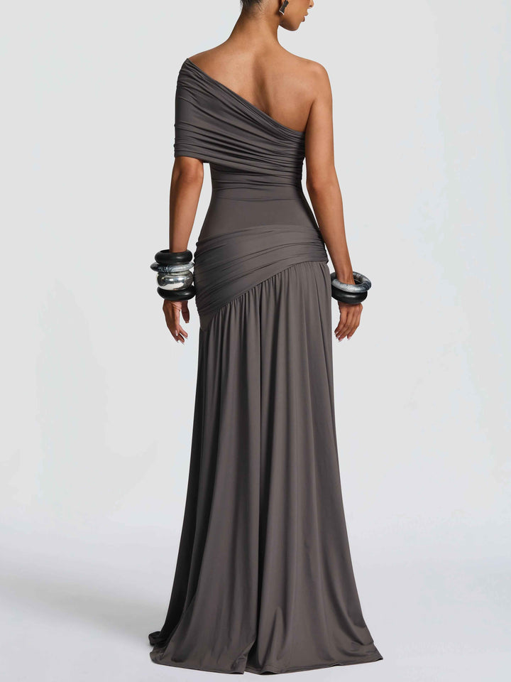 Elegant One-Shoulder Ruched Slit Maxi Dress