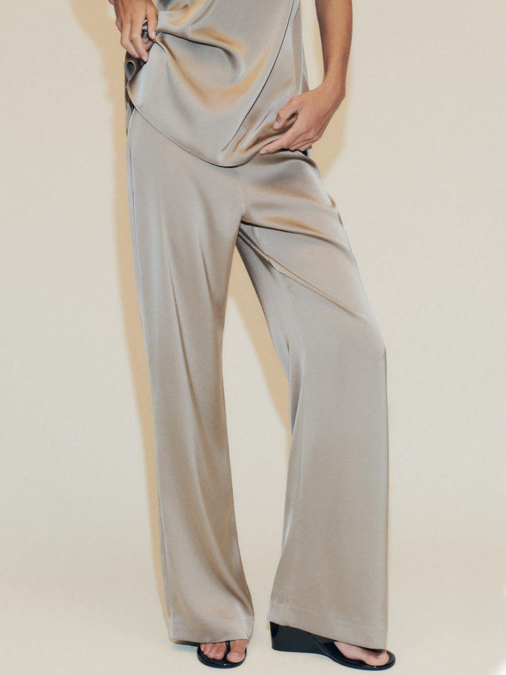 Elegant Satin Elastic-Waist Straight-Leg Pants