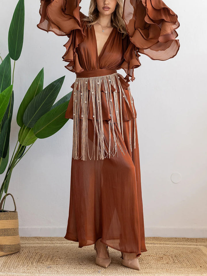 Elegant V-Neck Ruffle Ruched Chiffon Maxi Dress