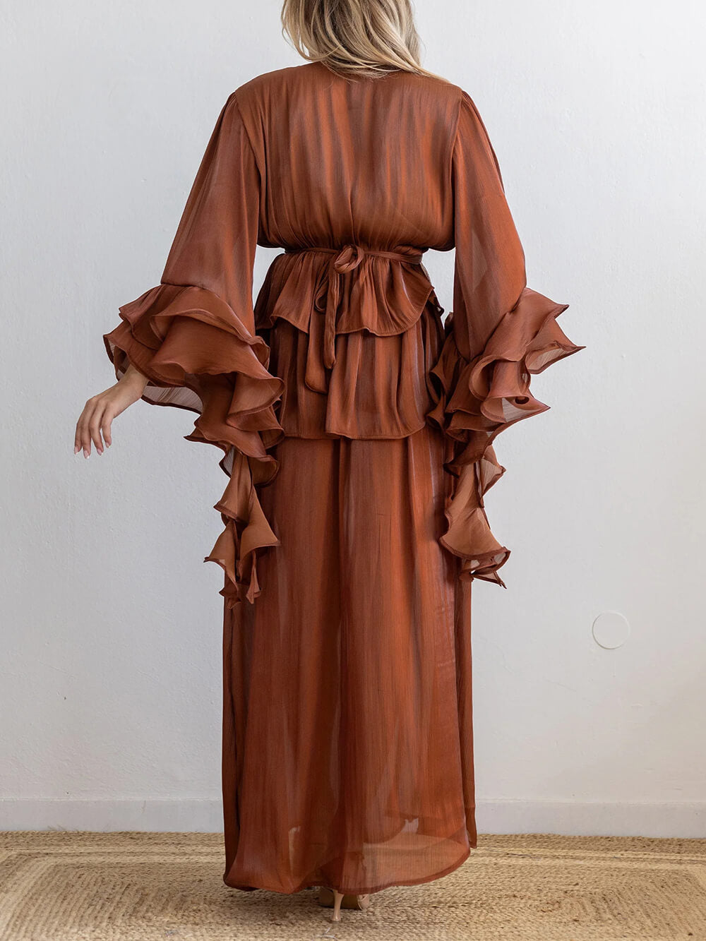 Elegant V-Neck Ruffle Ruched Chiffon Maxi Dress