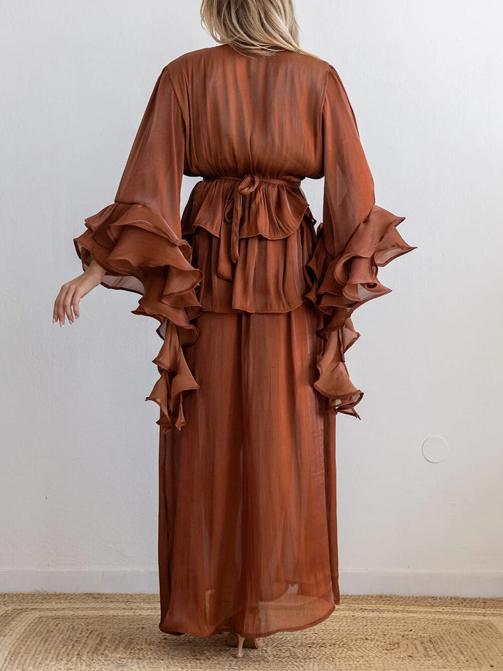 Elegant V-Neck Ruffle Ruched Chiffon Maxi Dress