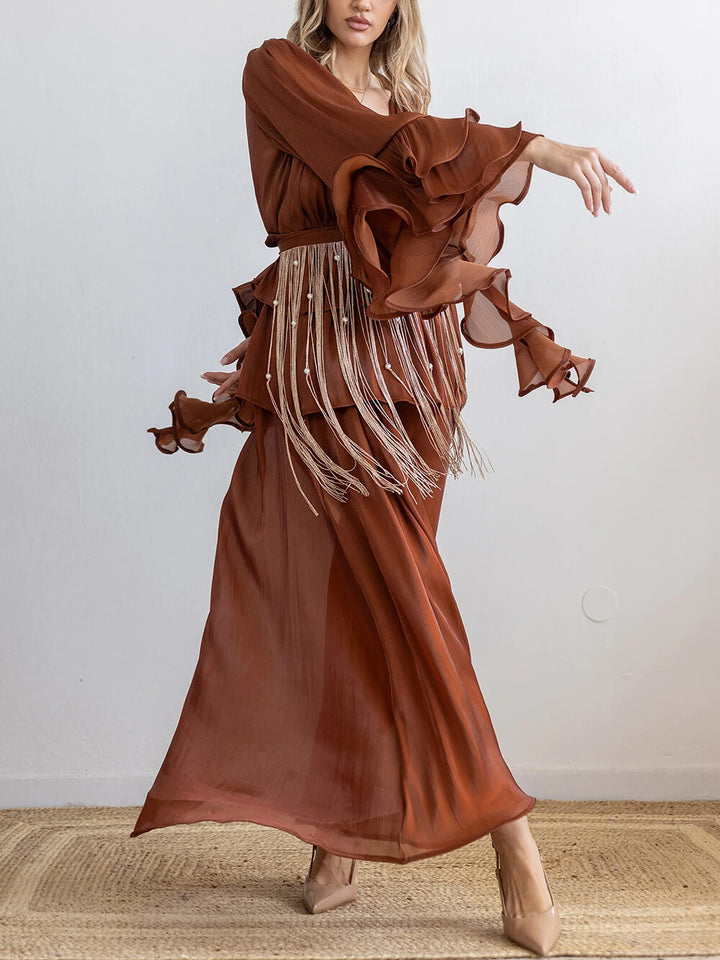 Elegant V-Neck Ruffle Ruched Chiffon Maxi Dress