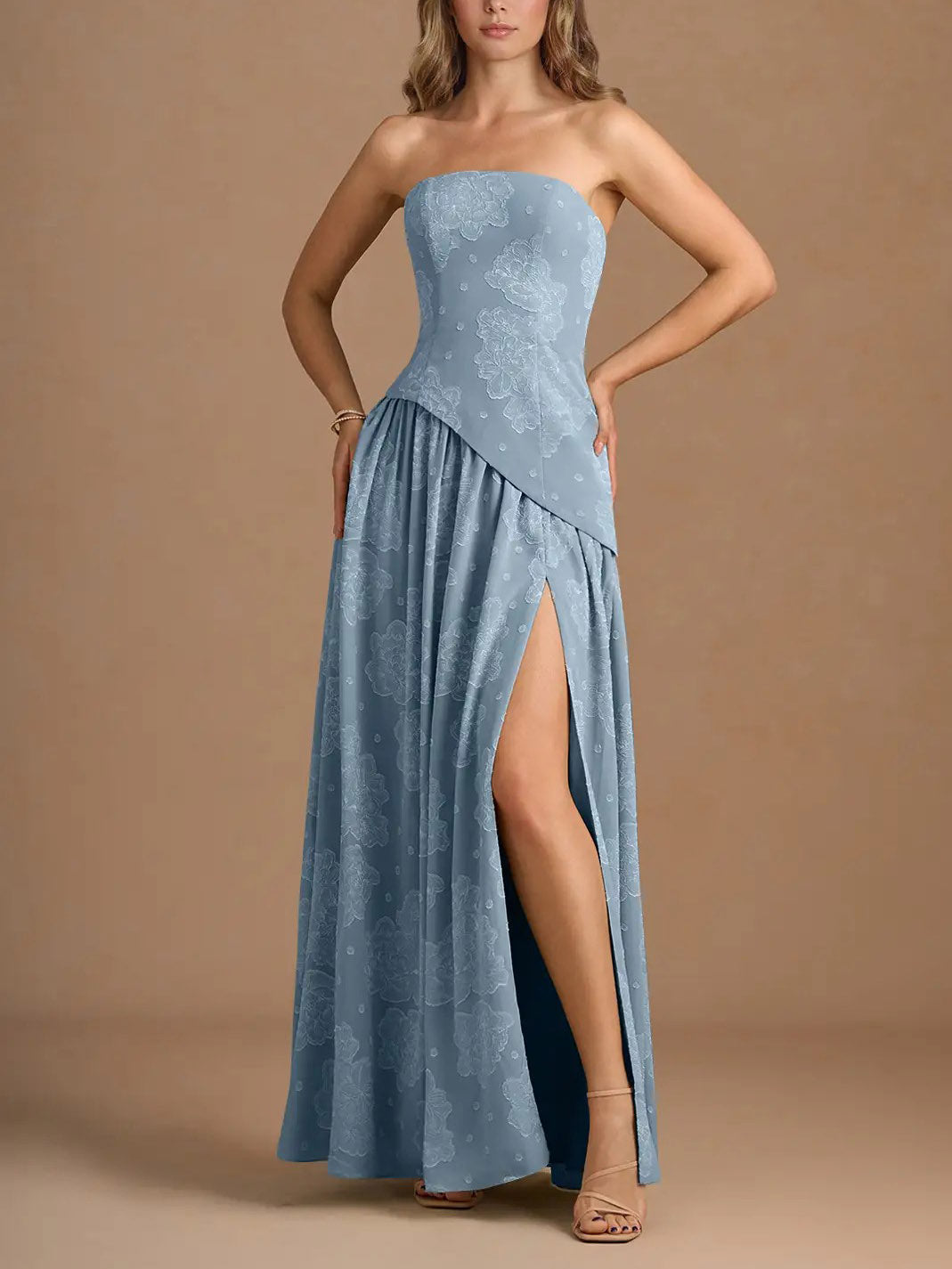 Elegant Strapless Slit Pleated Maxi Dress