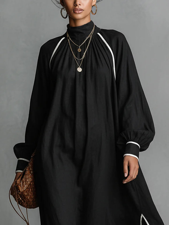 Casual Loose Linen Contrast Trim White Piping Slit Maxi Dress