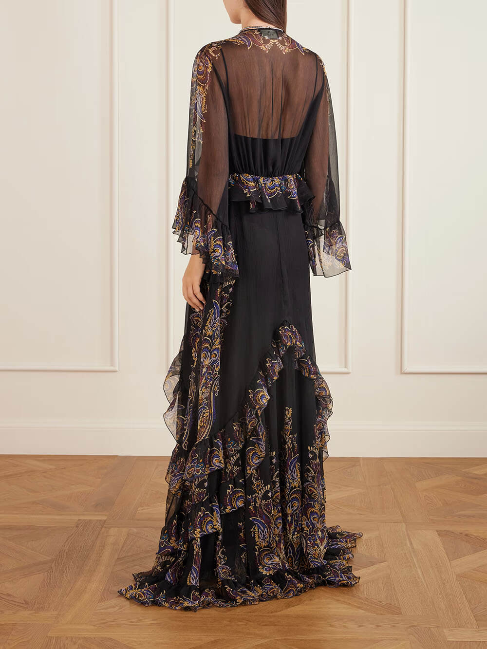 Retro Ruffled Paisley Print Chiffon Maxi Dress