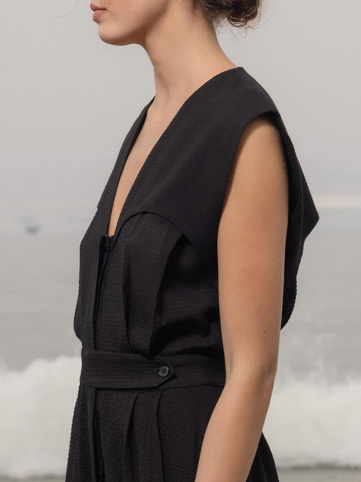Elegant V-Neck Button-Detail Linen Midi Dress