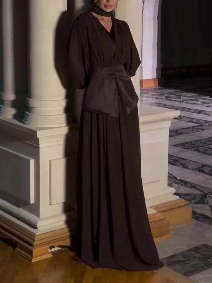 Elegant Pleated Bodice And Sash Gown Maxi Dress