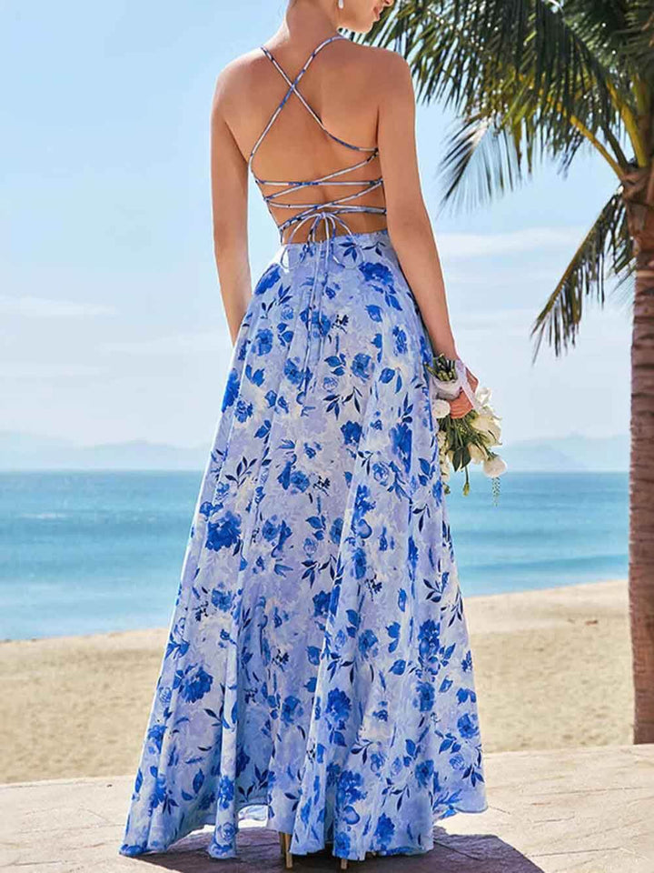 Elegant Slit Unique Floral Print Back Openwork Maxi Dress